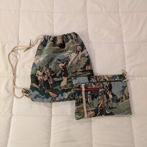 Golfer women tapestry design drawstring cinch bag with matching zipper pouch